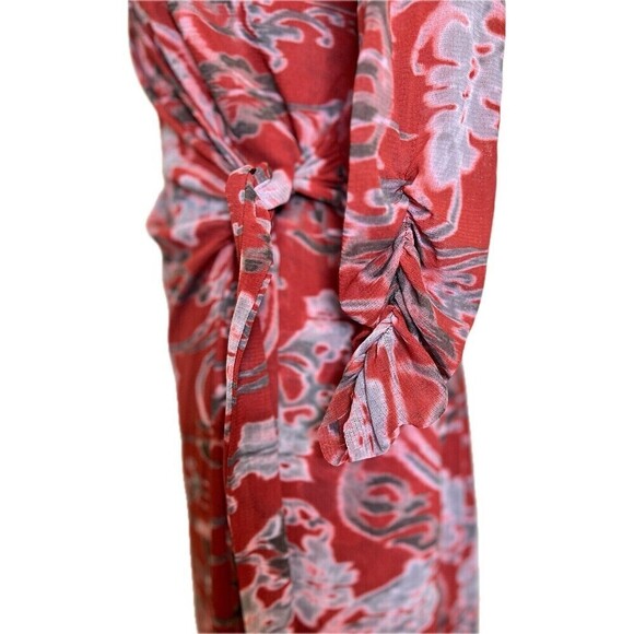 Kokoon Women’s Ruched Sleeve Raw Edge Floral Red Stretchy V-neck Wrap‎ Dress S - Picture 3 of 12